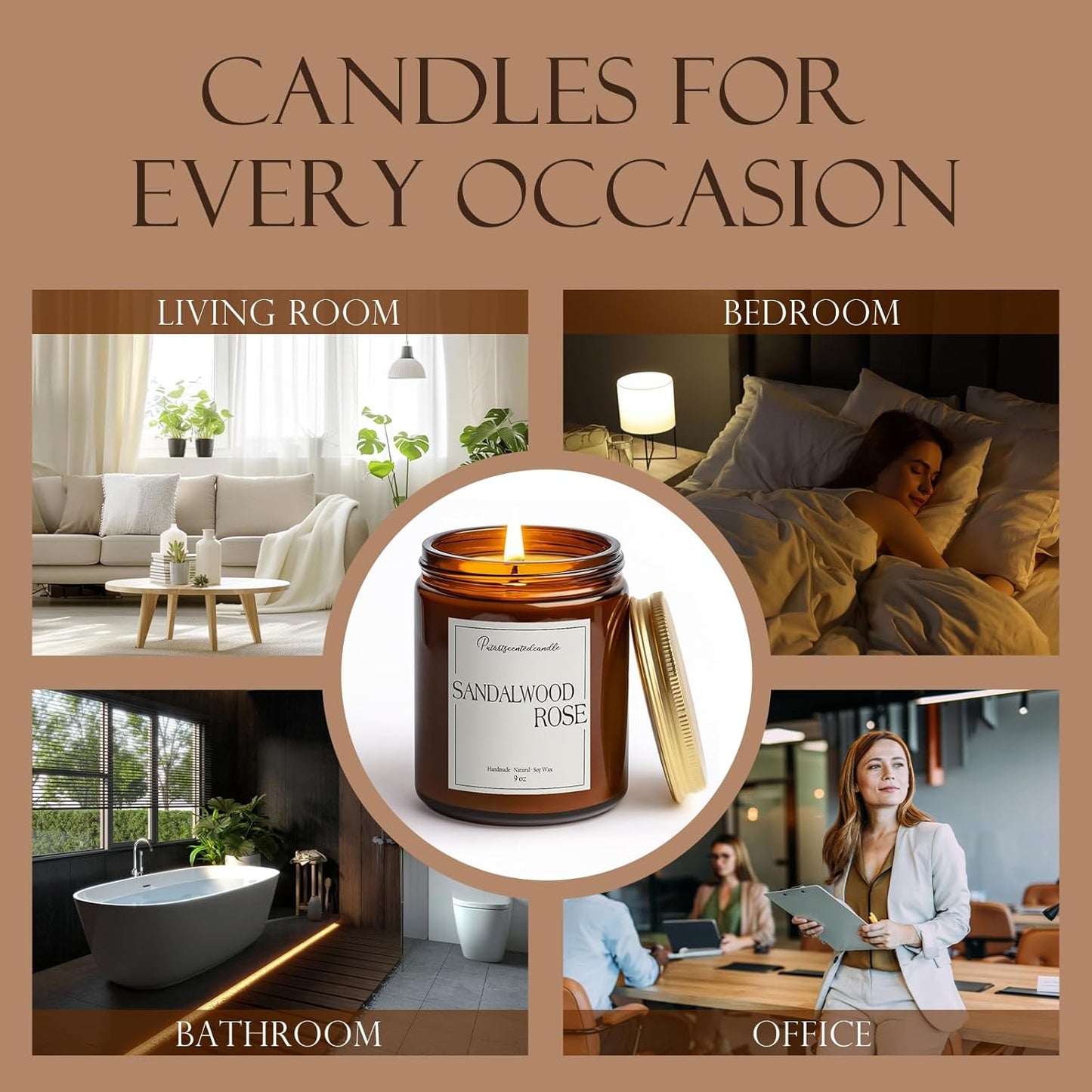 Sandalwood & Rose Scented Candles for Home, Natural Soy Wax Aromatherapy Santal Rose Candle Gifts for Men & Women, Highly Scented & Long Lasting Non Toxic Jar Candle for Stress Relief (9oz)