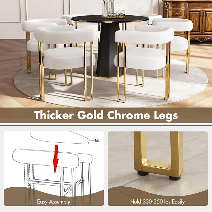 Beige and Gold Modern Dining Chairs Set of 6, Velvet Upholstered Barrel Armchairs with Metal Legs for Kitchen Island, Mid Century Accent Chairs for Dining Room Living Room, Open-Back