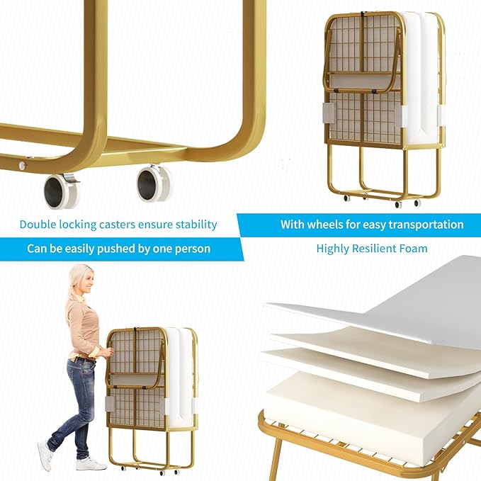 Mjkone Folding Bed with 4" Memory Foam Mattress for Guests – Single Rollaway Bed, Space-Saving Portable Design, Lockable Wheels & Easy Assembly, 75" x 46" Foldable Guest Bed Frame (Gold)