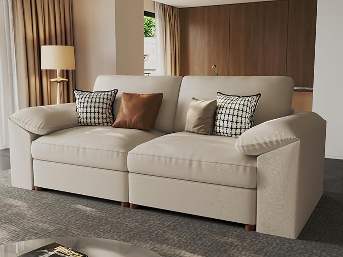EASE MOOSE Loveseat Sofa for Living Room,Oversized Deep Seat Modular Sectional,Modern Comfy 2 Seater Sofas,Scratch Resistant Faux Leather Couch for Small Spaces, Beige
