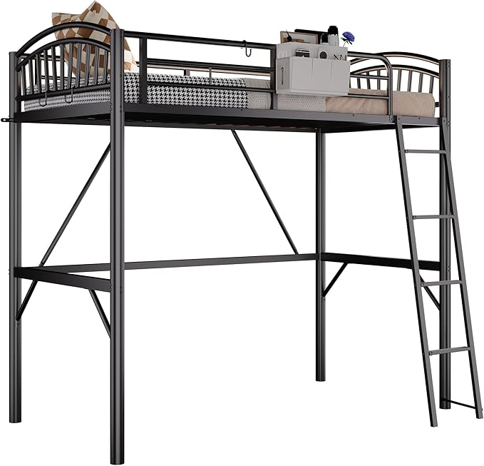 Metal Loft Bed Twin Size, Twin Loft Bed with Bedside Caddy, Convertible Ladder & Full-Length Guardrails, Space-Saving & Noise Free Design, No Box Spring Needed, Loftbed Frame for Teens Adults