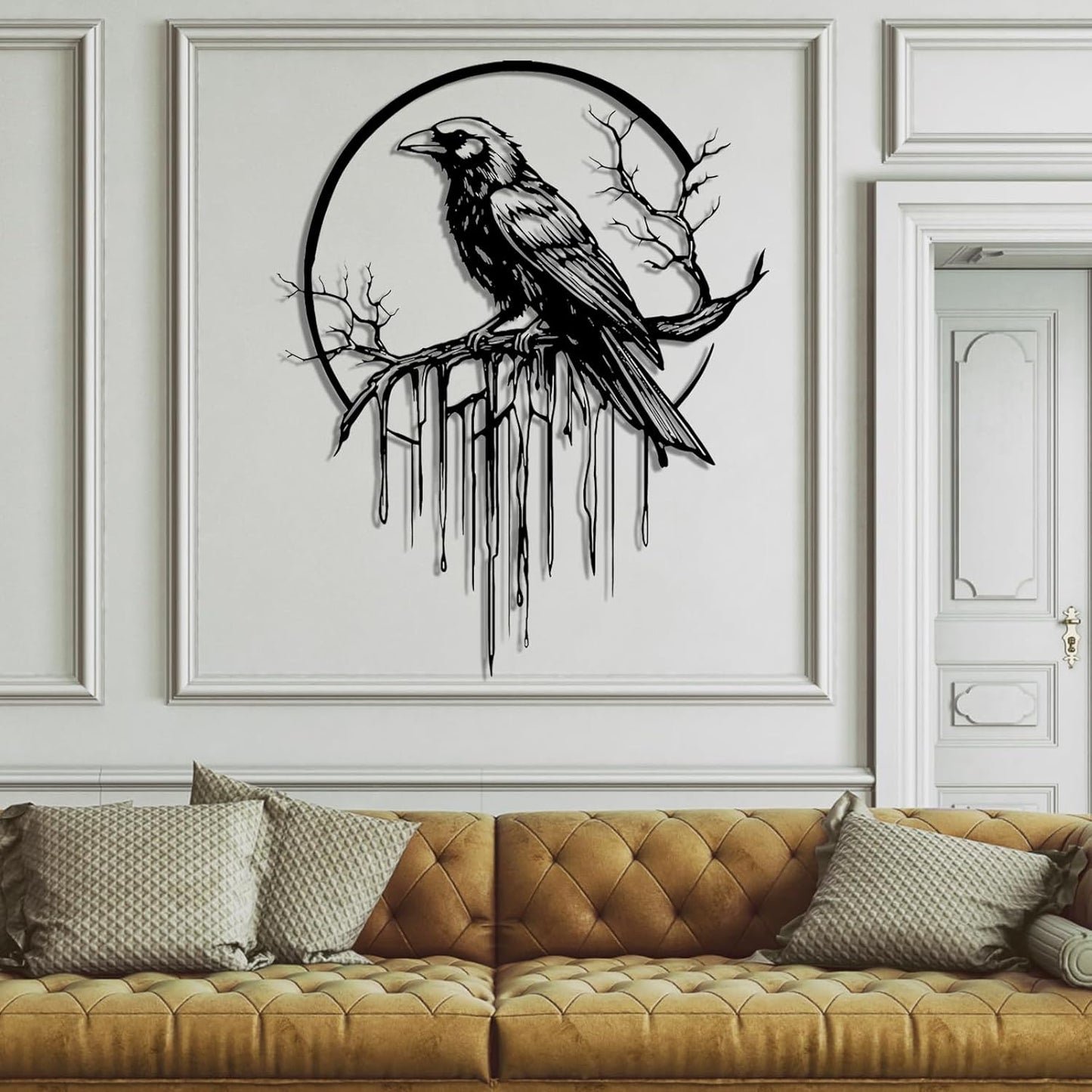 Crow Metal Wall Decor, Raven Wall Art, Large Gothic Raven Decor Hangings, Bird Wall Decor, Metal Tree Branch Decor, Ravens Sign, Raven Art for Living Room (Gold, 30"x24" |76x61cm, metal wall art)