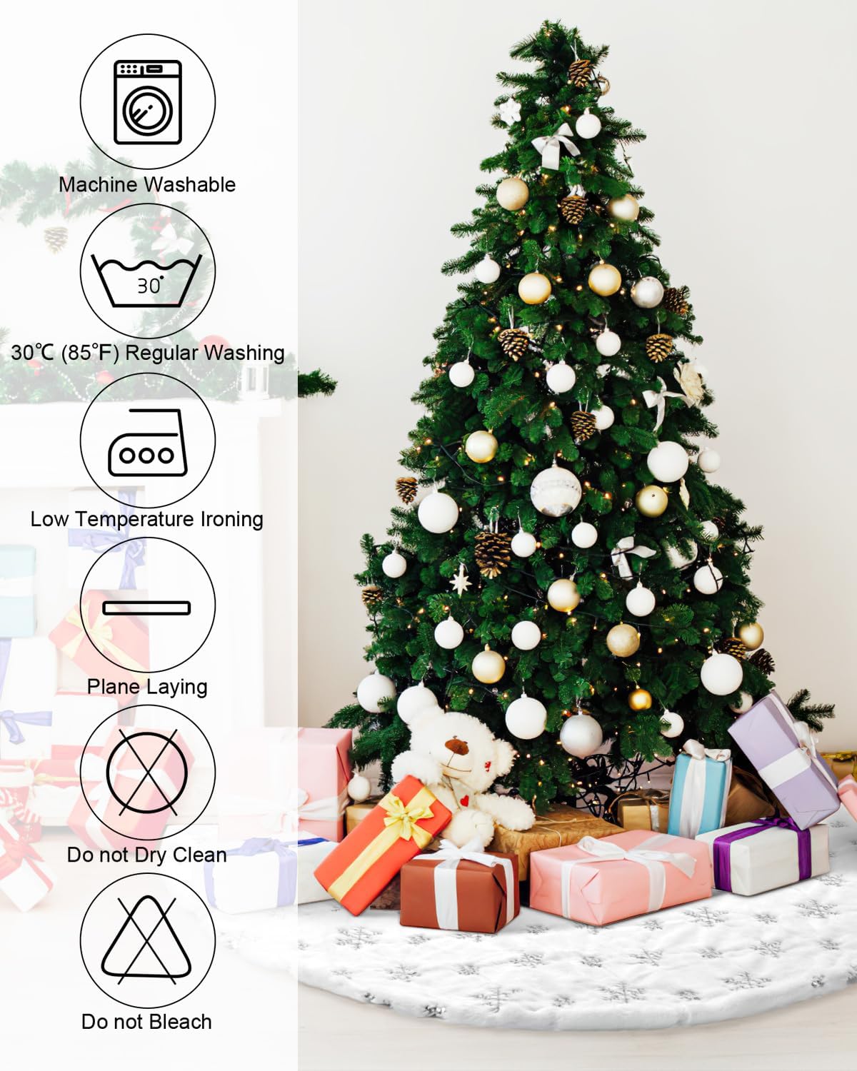COOLWUFAN 72 Inches Christmas Tree Skirt for Xmas Tree Holiday Party Decorations White Plush Silver Sequin Snowflake (Silver)