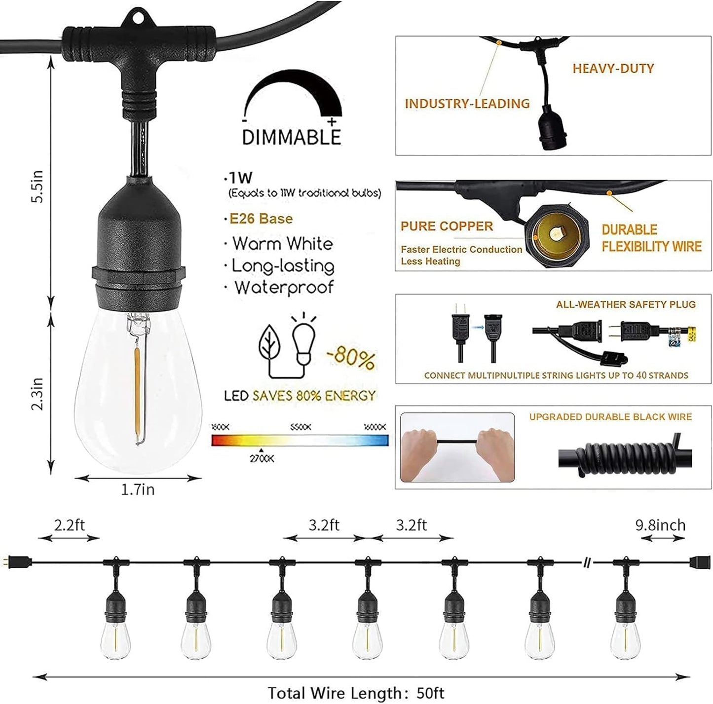Svater Outdoor String Lights Led 105FT, Commercial Grade Patio Lights with 1W Dimmable S14 Shatterproof Bulbs, ETL Listed Heavy-Duty Outside Waterproof Cafe Bistro Market Lighting Warm White