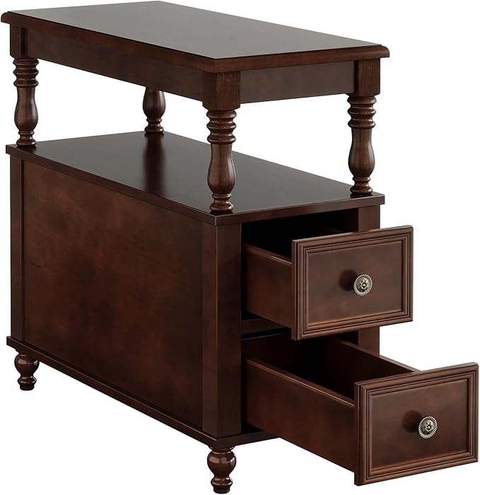 Tribesigns Set of 2 End Table with 2 Drawers, Vintage Narrow Wooden Side Table for Living Room, Charrowair Table with Storage Shelf, Minimal Assembly Needed (2)