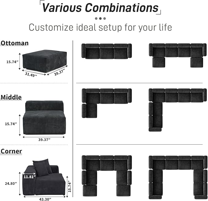 Oversized Modular Sectional Sofa with Ottomans,5 Seater Corduroy L Shaped Reversible Corner Couch,181.1" Convertible Sofa & Couch Free Combination for Living Rooom,Black