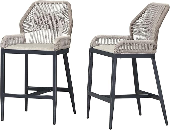 PURPLE LEAF 2 Pieces Counter Height Bar Stools Patio Boho Rattan Barstools Aluminum Woven Bar Chairs with Cushions for Outdoor Kitchen Island Garden