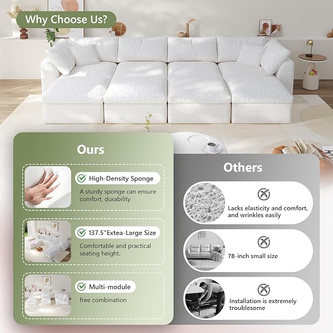 138" Boneless Cloud Couch Modular Sectional Sofa with Deep Seat for Living Room, L Shape Couch with Ottoman, Snowflake Cloth and 40D Memory Sponge,2 Throw Pillows (White, 4 Seater+4 Ottoman)