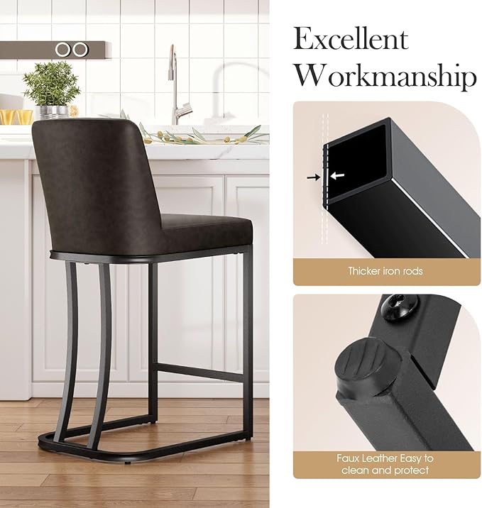 Sophia & William Grey Bar Stools Set of 3, Counter Height 24" Bar Chairs, Modern Faux Leather Bar Stools with Back