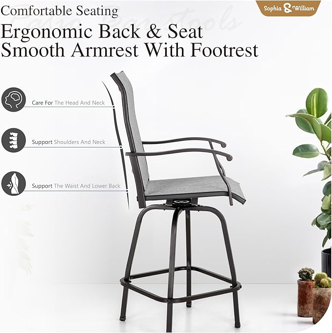 Sophia & William Swivel Bar Stools Set of 4, Bar Height Chairs, Outdoor Bar Chairs, High Top Patio Chairs, Supports 300 lbs (Grey Fabric)