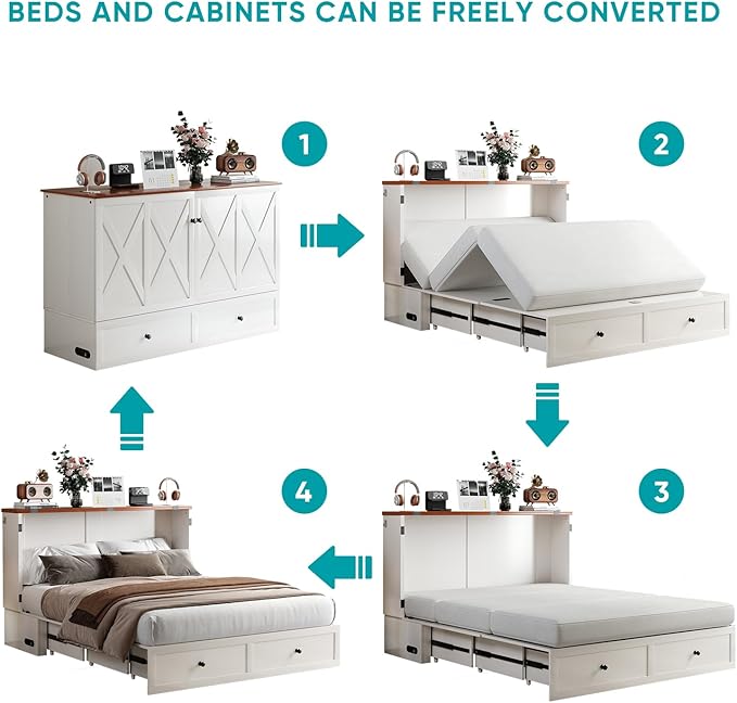 BALUS Full Size Cabinet Bed with Tri-Folding Mattress, 57’W Murphy Bed with USB Charging Station & 2 Storage Drawers, Full Murphy Cabinet Beds for Living Rooom, Apartment, Home Office, Bedroom-White