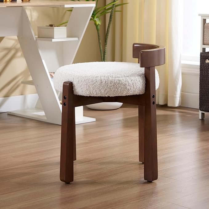 Modern Vanity Chair Upholstered Small Ottoman Footstool, Make Up Stool Sherpa Fabric with Backrest Wooden Frame for Living Room Bedrooms, 1PC, White