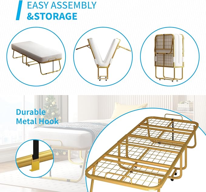 Mjkone Folding Bed with 5 Inch Memory Foam Mattress, Single Rollaway Bed for Guests, Space Saving Portable Bed with Lockable Wheels, Easy Assembly & Moving, 75 x 38 -Gold