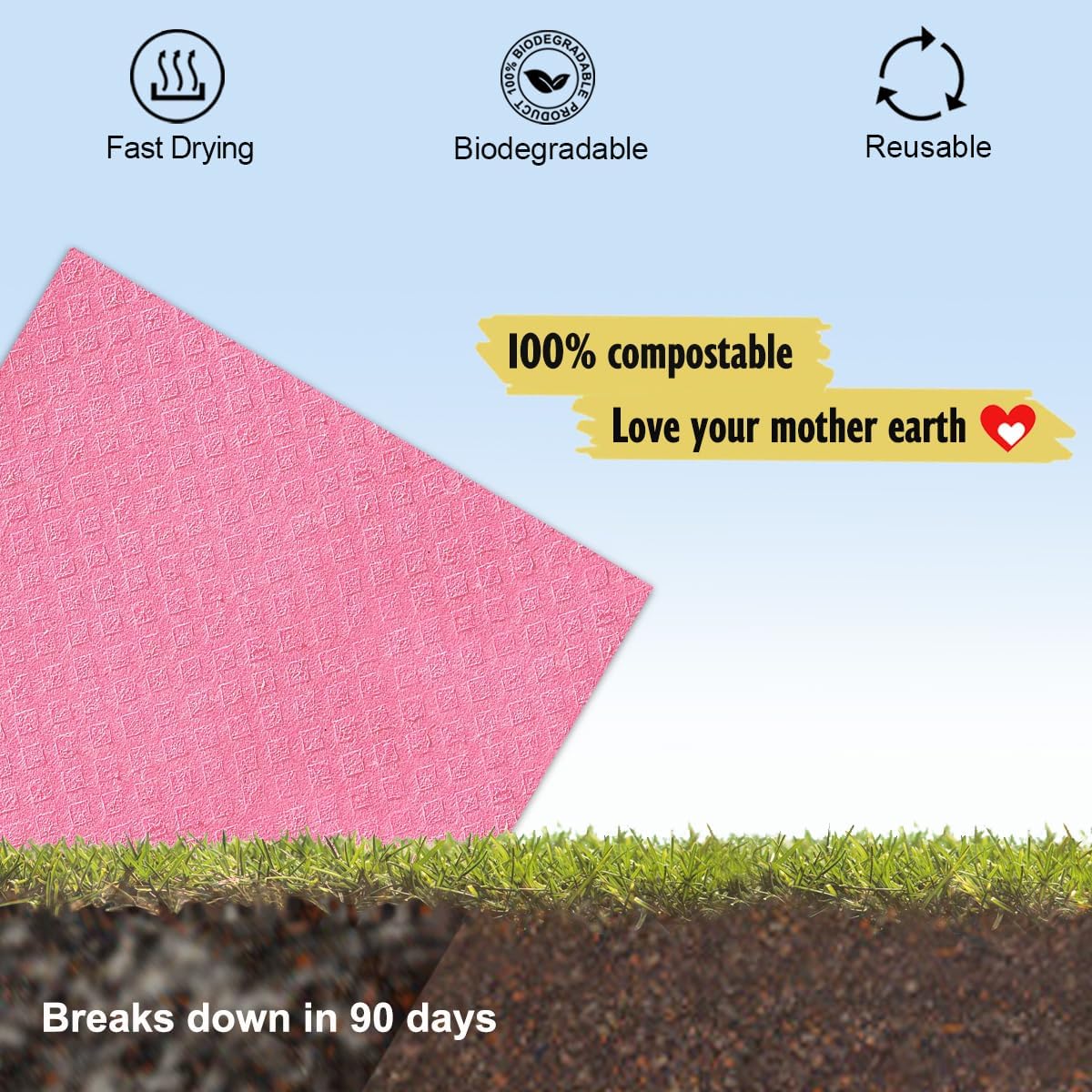 Swedish Dishcloths - 10 Pack Reusable Kitchen Dishcloths - Ultra Absorbent Dish Towels for Washing Dishes - Cellulose Sponge Cloth Cleaning Cloths - Pink
