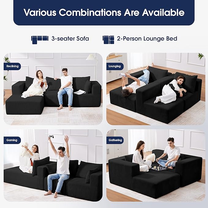 KINGYES 107'' Modular Sectional Sofa, L Shaped Cloud Couch for Living Room, Modern Boneless Sofa with Chaise for Bedroom, Black
