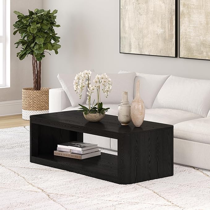 Henn&Hart 47" Rectangular Low-Profile Coffee Table with Open Storage Shelf for Living Room, Family Room, or Office, Black Grain