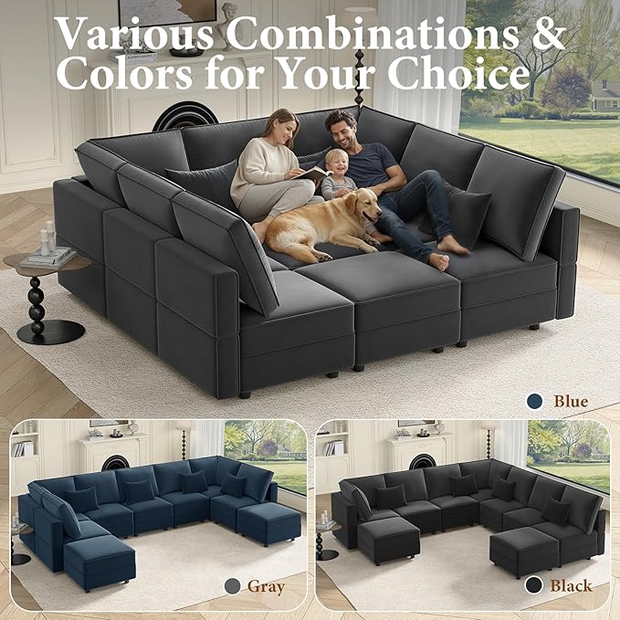 Vesgantti Modular Sofa Bed with Storage, 92" Sleeper Sofas with 9 Seats Storage Chaises Removeble Cover, Luxury Large Velvet Sectional Couch Set for Living Room, Apartment, Home Theatre, Gray