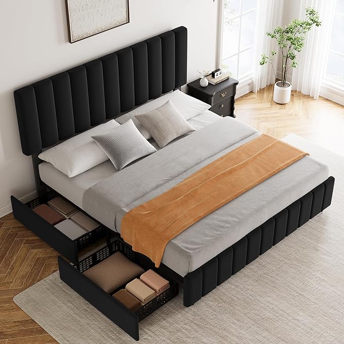 Garvee Queen Size Bed Frame with 4 Storage Drawers, Adjustable Height Headboard, Linen Upholstered Platform Bed Frame, No Box Spring Needed, Easy Assembly, Black