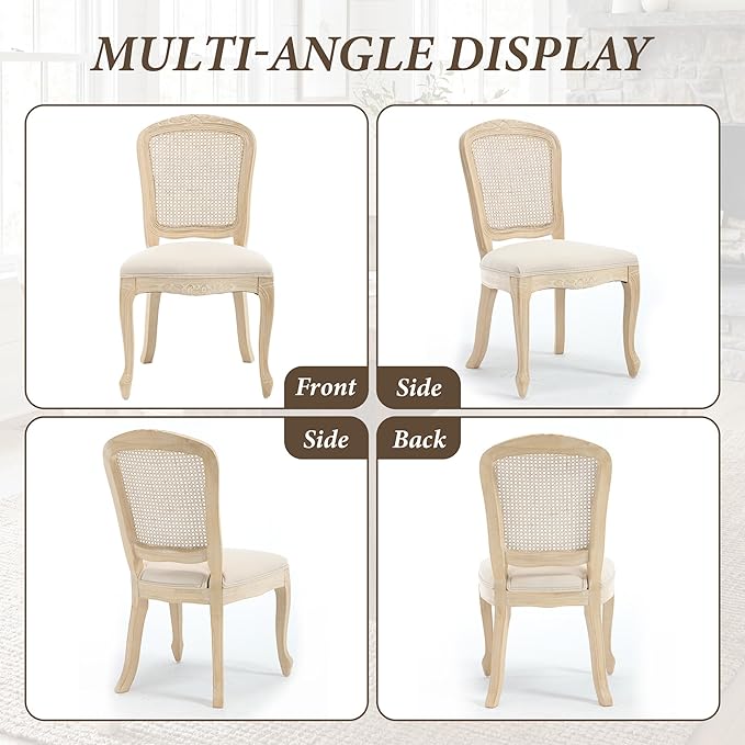 Wicker Dining Chairs Set of 4, Upholstered Linen Fabric Dining Room Chairs with Square High Rattan Back Farmhouse French Kitchen Chairs for Dining Table/Living Room/Restaurant, Cream