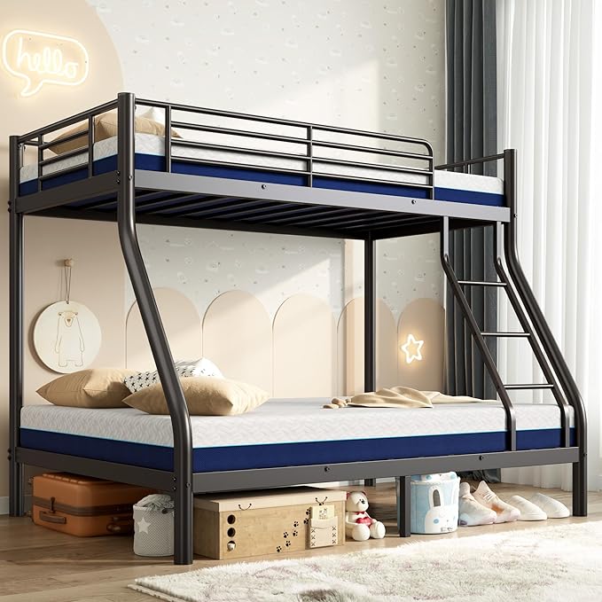 SDHYL Twin Over Full Bunk Bed with Two Mattresses, All-in-One Metal Bunk Bed Set for Kids/Adults, Heavy Duty Sturdy Frame, 6 Inch Twin & Full Memory Foam Mattress Included, Space-Saving, Easy Assembly