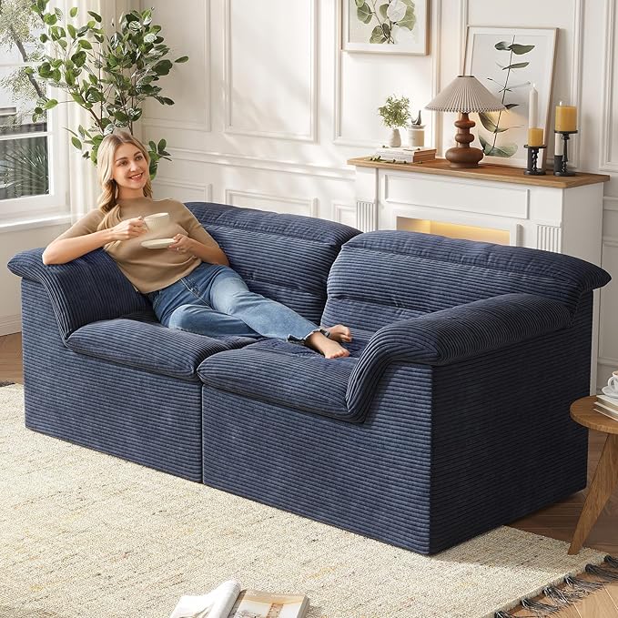 88" Sofa with Deep Seats Oversize, 3 Seater Cloud Couches, Upholstered Corduroy Couch for Living Room Bedroom, No Assembly Required, Blue