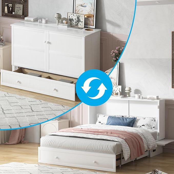 Mjkone Murphy Bed Queen Cabinet Bed with Tri-fold Mattress and Built-in USB Charging & 2 Drawers & Bedside Panel, Hidden Guest Beds, Murphy Cube Chest Cabinet Beds for Bedroom/Apartment - White