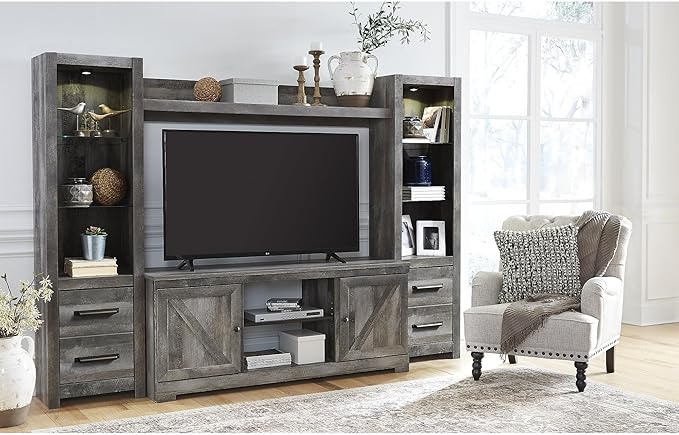 Signature Design by Ashley Wynnlow Rustic 4-Piece Entertainment Center for TVs up to 72" with LED Lighting and Adjustable Shelf, Gray