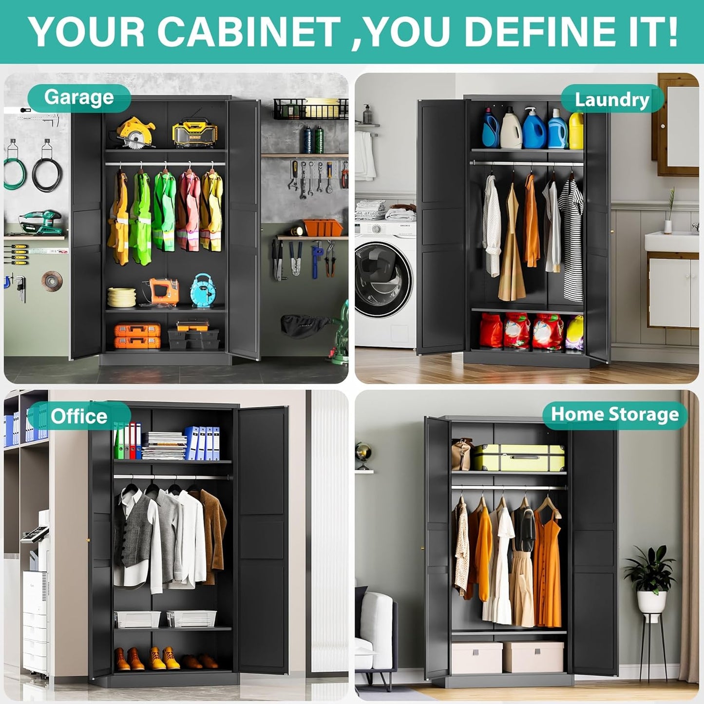 SISESOL Metal Wardrobe Cabinet with Hanging Rod,Black Armoire Wardrobe Closet,Metal Clothing Storage Cabinet with Adjustable Shelves and Doors,72" Cloth Storage Cabinets for Home,Living/Laundry Room