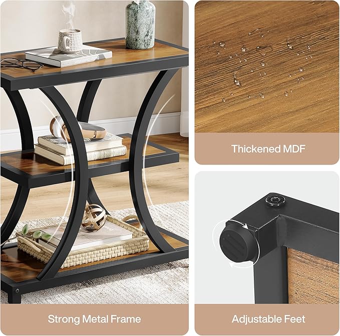 Tribesigns End Table with Storage, 3-Tier Side Table with Geometric Metal Design, Industrial Nightstand for Small Spaces, Living Room, Bedroom, Study Room (2, Rustic Brown)