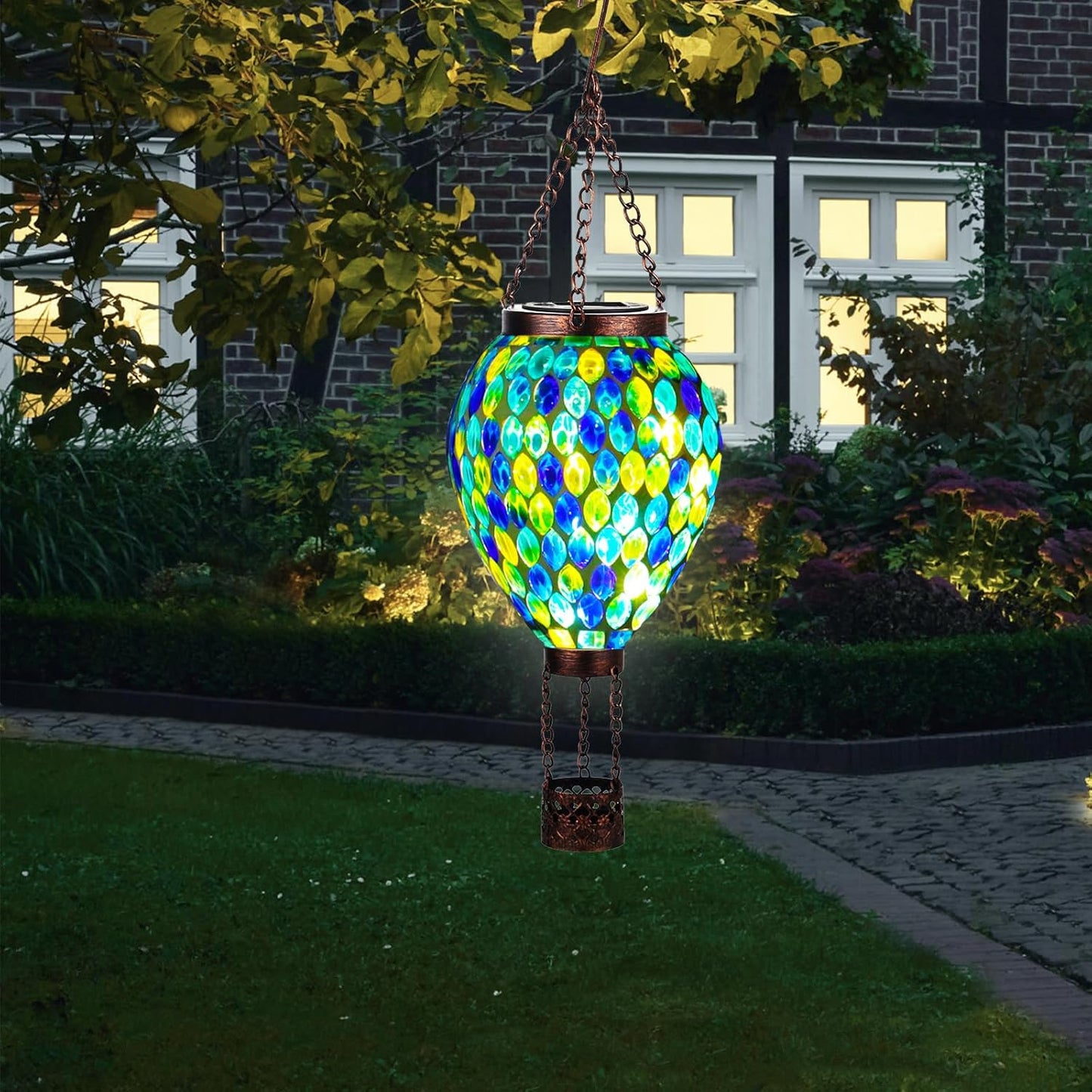 VOREEN Hot Air Balloon Solar Lantern, Mosaic Solar Outdoor Hanging Wind Light, Waterproof, Patio Festive Decor, Gift for Mom Wife Friend, Blue
