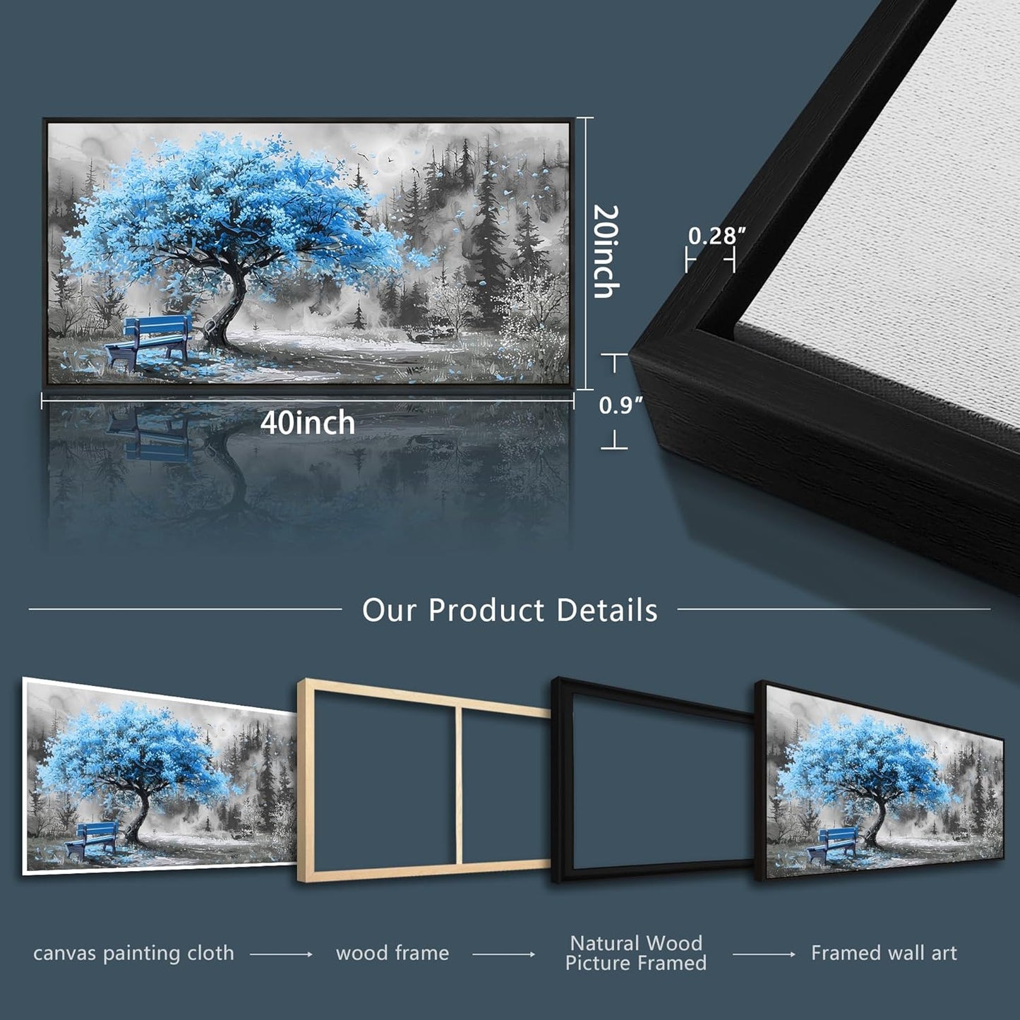 ZUITINGHUA Black Framed Canvas Wall Art For Living Room Wall Decor For Bedroom Office Wall Decoration Blue Tree Landscape Painting Black And White Picture Artwork Room Aesthetic Home Decor 20x40 In