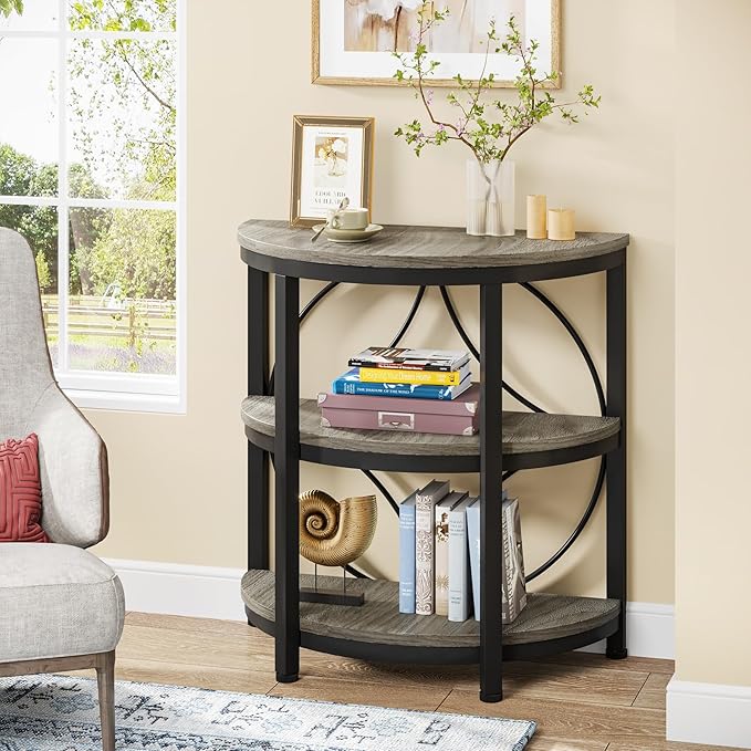 Tribesigns Half Round End Table for Living Room Set of 2, 3-Tier Half Side Table with Metal Frame, Industrial Half Moon Table with Storage Shelves for Entryway, Bedroom, Grey