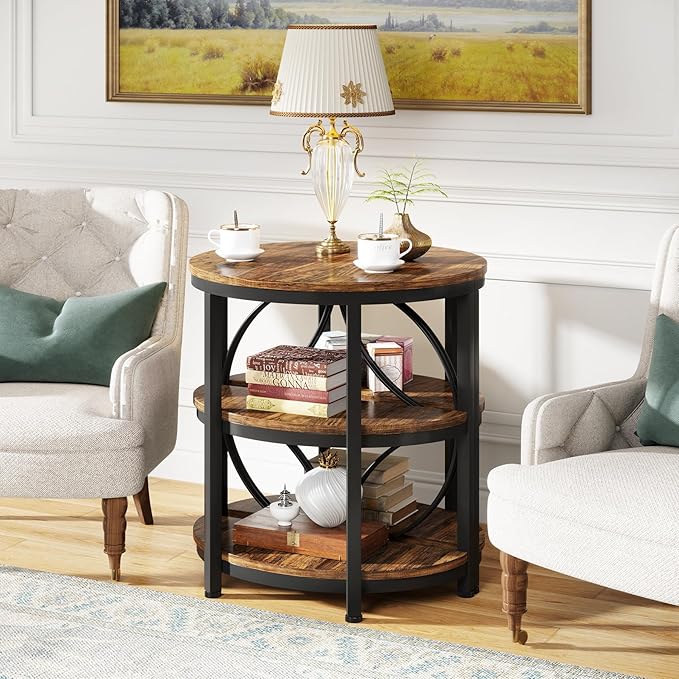 Tribesigns Half Round End Table for Living Room, 3-Tier Half Side Table with Metal Frame, Industrial Half Moon Table with Storage Shelves, Half Circle Accent Table for Entryway, Bedroom, Rustic Brown