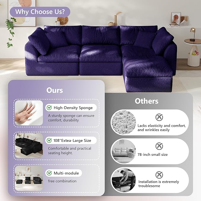 108" Boneless Cloud Couch Modular Sectional Sofa with Deep Seat for Living Room, L Shape Couch with Ottoman, Snowflake Cloth and 40D Memory Sponge,2 Throw Pillows (Purple, 3 Seater+1 Ottoman)
