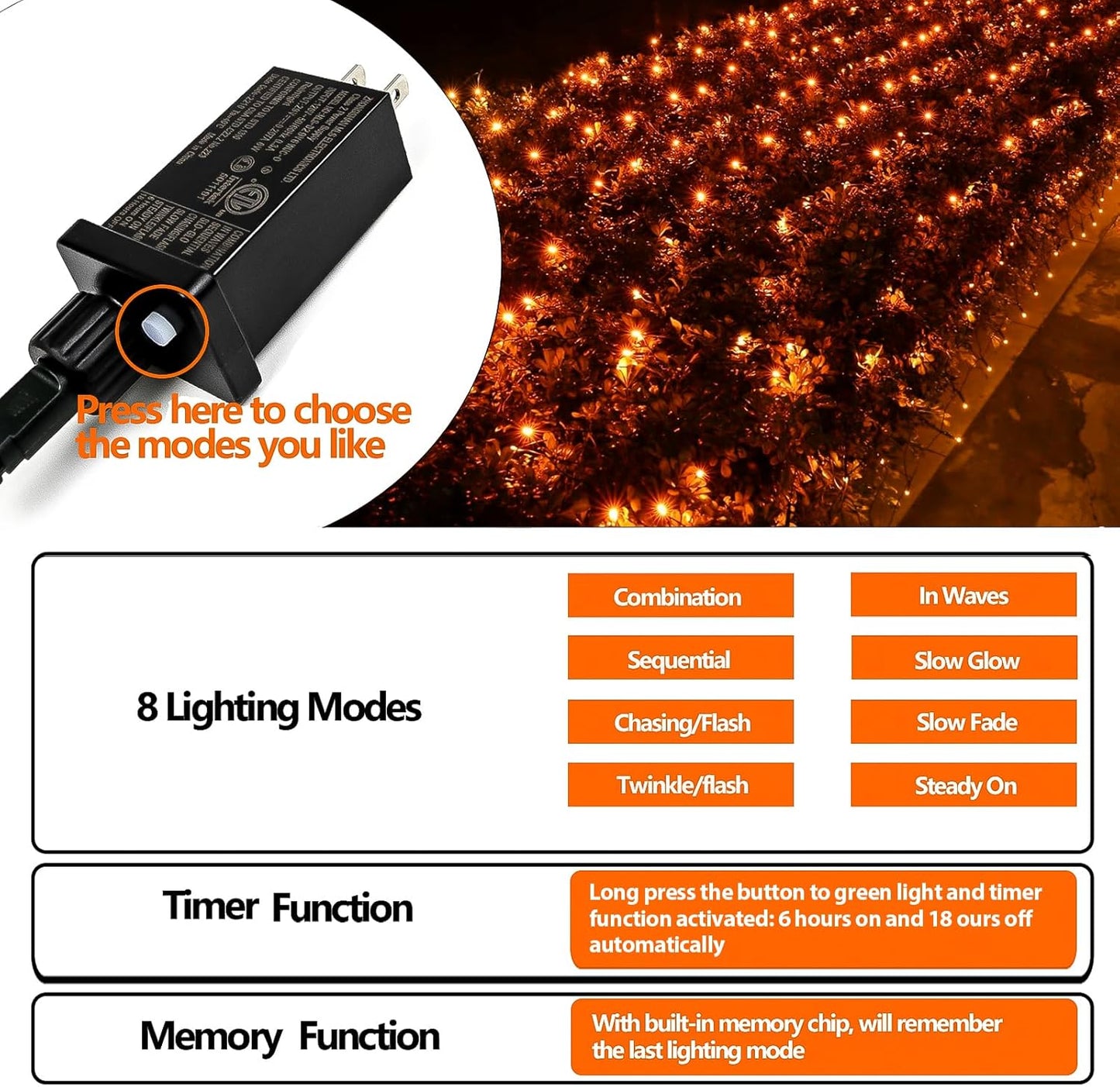 YIQU Orange 82FT 200 LED Extendable Halloween Lights for Outdoor/Indoor, 8 Lighting Modes Plug in String Lights for Halloween Decorations Bedroom Party Decor Room Garden Patio Tree (Orange)