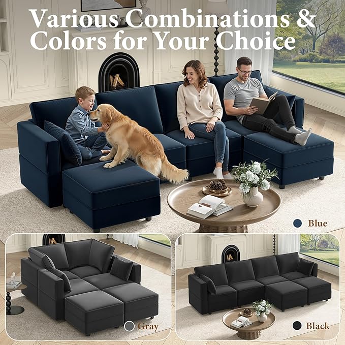 Vesgantti Sectional Couches with Storage Seats, 118" L Shaped Convertible Modular Sectional Sofa, 4 Seat & 2 Ottomans Velvet Storage Chaises Deep Seat Couch for Living Room, Bedroom, Apartment, Blue