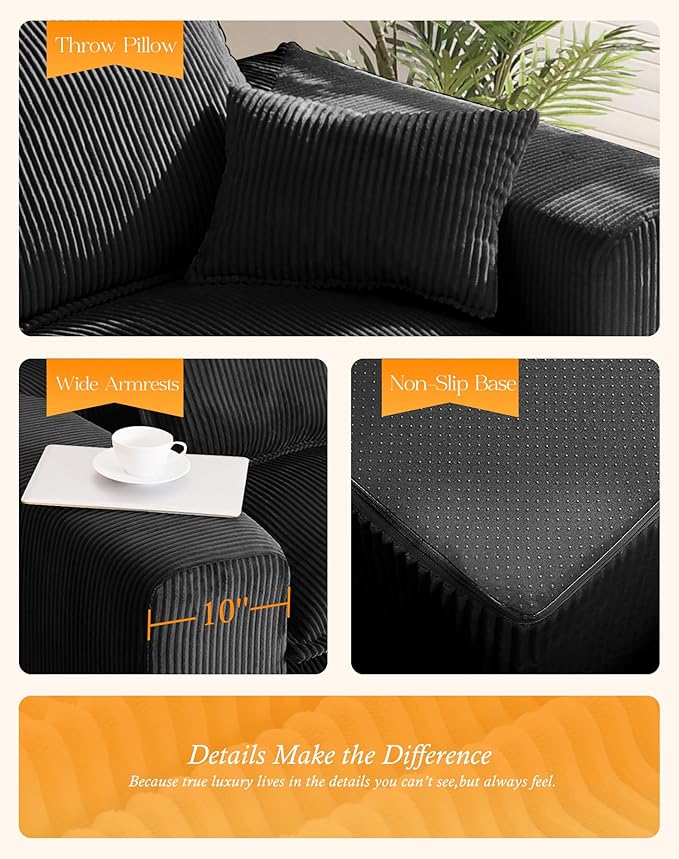 107" Comfy Cloud Couch with U-Shape Chaise & Deep Seat, Modular Sectional Sofa in a Box, Boneless Upholstered Couches for Living Room, No Assembly Required (Soft Corduroy, Black)