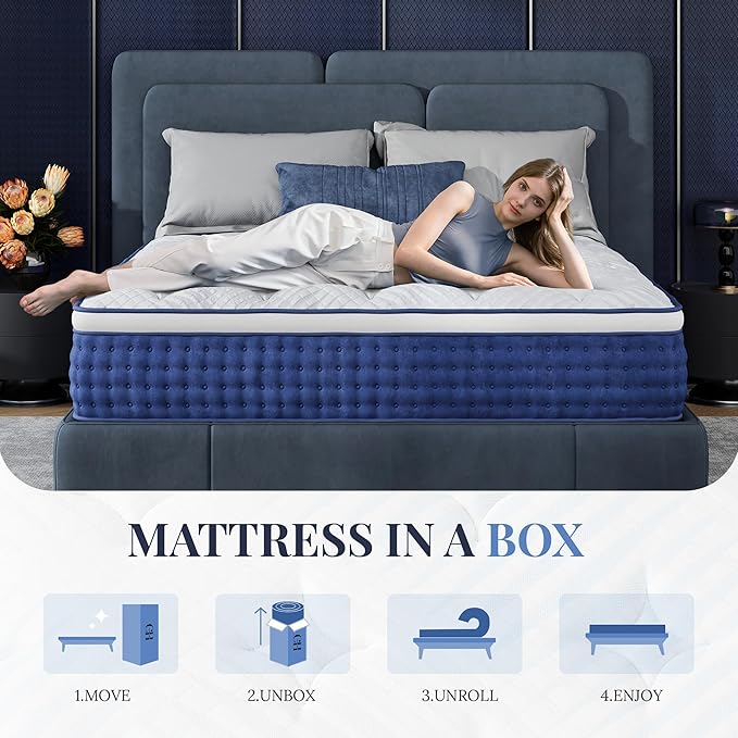 Queen Mattress, 14 Inch Hybrid Queen Size, Medium Feel Foam and Individual Pocket Springs, Fiberglass Free Bed Mattress, Extra Edge Support, Pressure Relief, CertiPUR-US, Blue