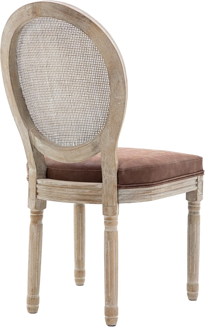 Farmhouse Leather Dining Chairs Set of 2 French Dining Room Chairs with Round Rattan Back Bistro Chairs for Dining Room/Living Room/Restaurant/Kitchen, Brown