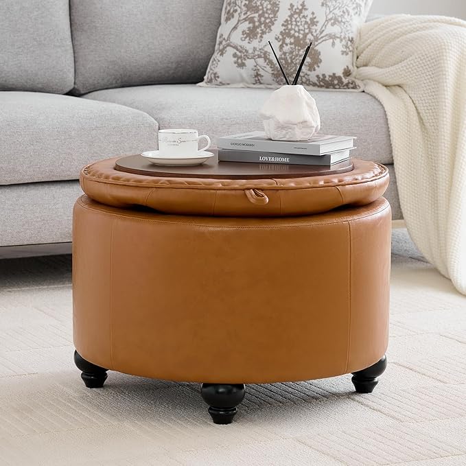 24Inch Round Storage Ottoman with Tray, Modern Tufted Leather Circle Coffee Table with Storage, Upholstered Ottoman with Removable Top for Living Room, Bedroom, Leather Brown
