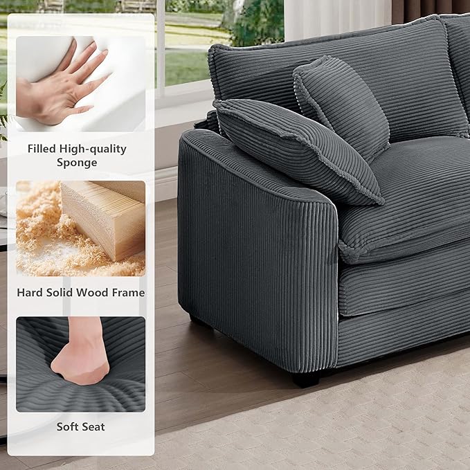 mikibama Luxury 3 Piece Sofa Set, 3-Seater & 2 Loveseat Couch Set, Modern Corduroy Comfy Cloud Couches Set for Living Room Office with 6 Armrest Pillows and 7 Toss Pillows, Grey