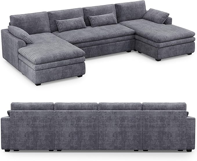 Belffin Large Modular Sectional Sofa with Double Deep Chaise, 135" Corduroy U Shaped Sectional Couch with 9" Soft Dual-Layer 6 Seats U Shaped Couch for Living Room, Apartment, Light Grey