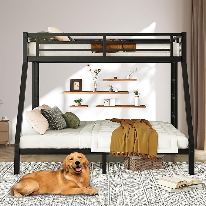 Bunk Beds Twin XL Over Queen, Heavy Duty Bunk Beds with Bottom Space & Guardrail Metal Bunk Bed Frame for Adults Teens Dorm Bedroom Guest Room, No Box Spring Needed(Black)