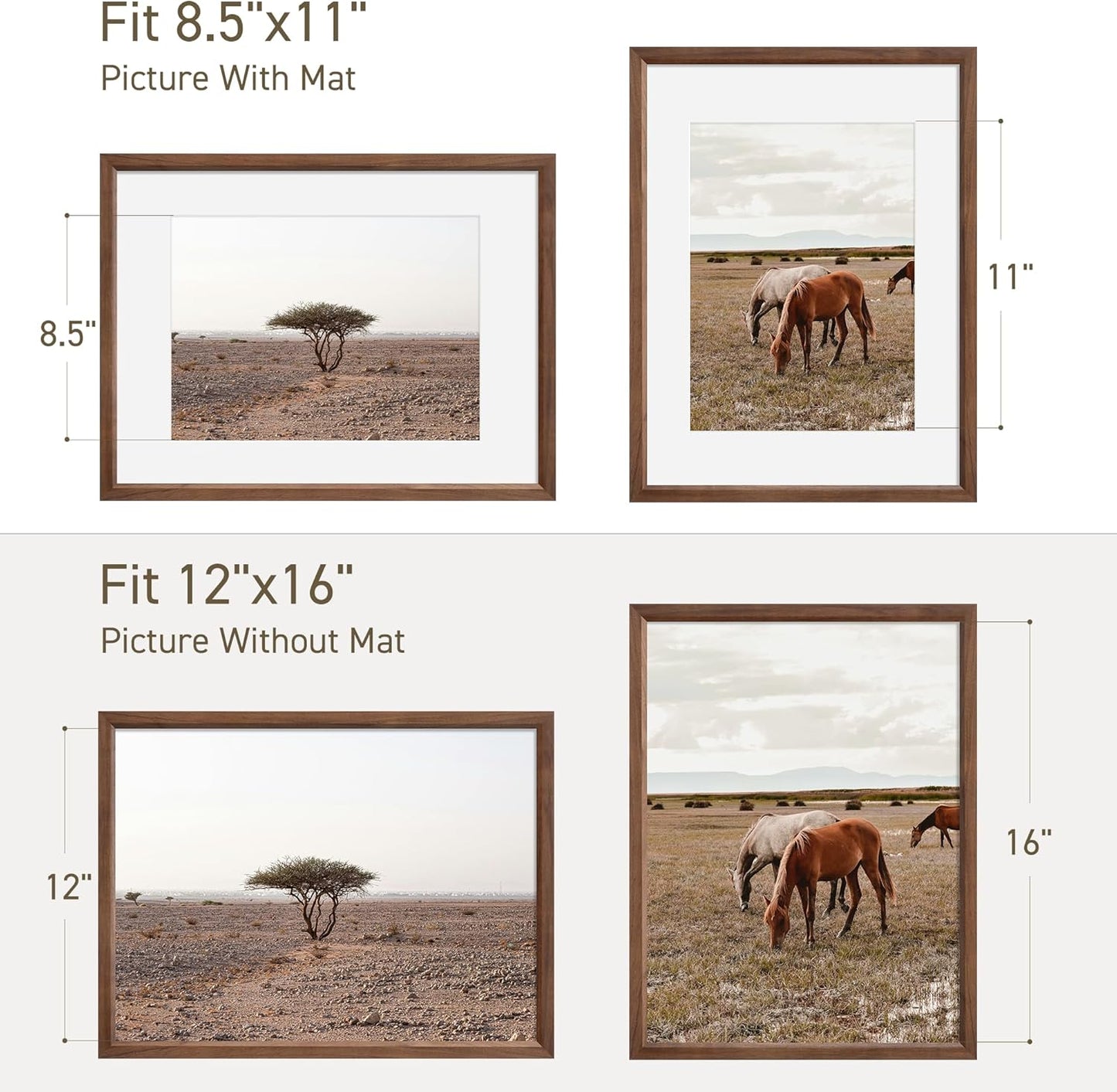 12x16 Picture Frame Natural Solid Walnut Photo Frames with 8.5x11 Removable Mat Wall Hanging Large Handcrafted Frame with HD Plexiglass Wall and Tabletop Display Large Poster Frame
