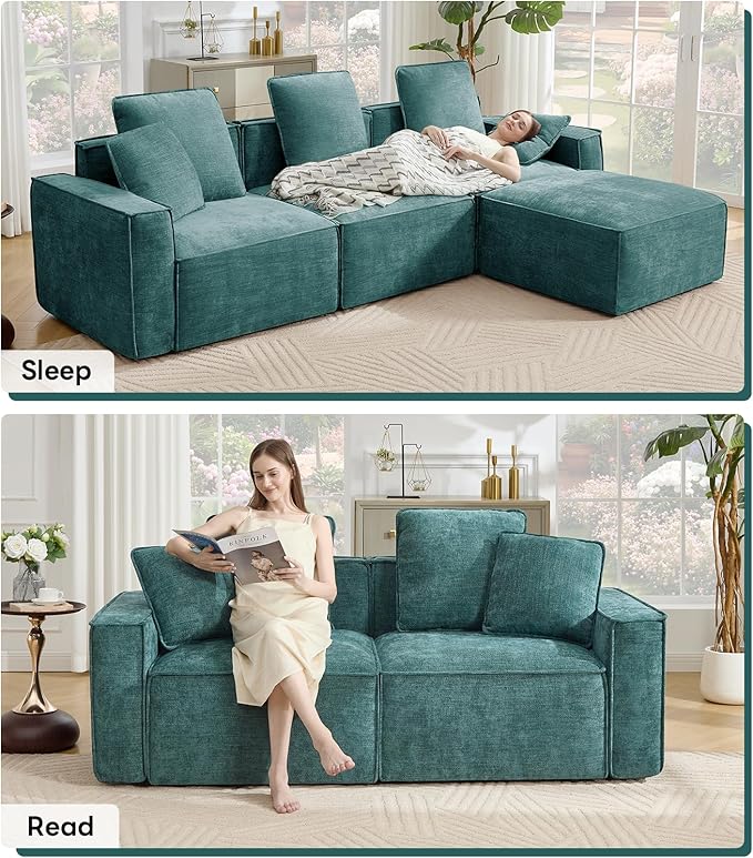 WILLOVE Modular Sectional Sofa Set, Chenille Cloud Couch with Wide Armrests & 8 Pillows, Deep Seat Couches for Living Room, 6-Seater Green