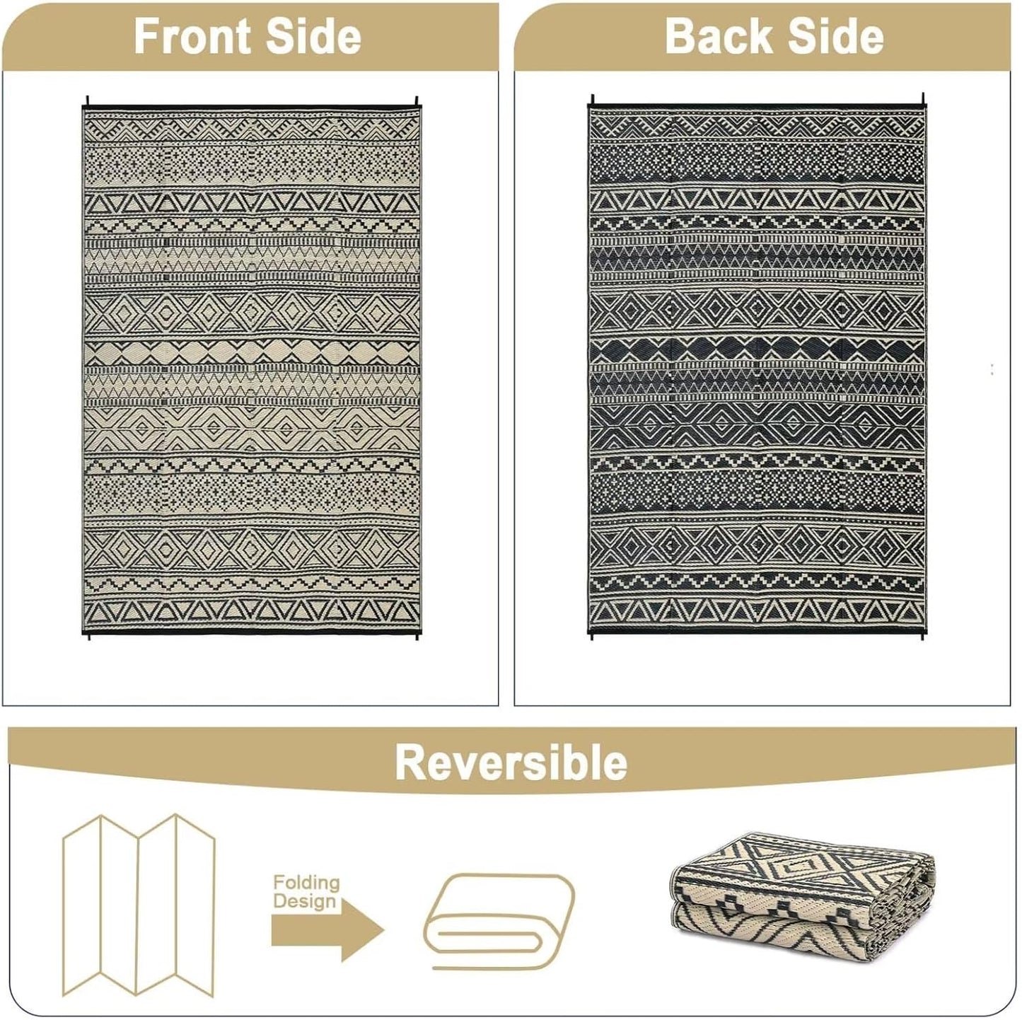 GAOMON Outdoor Rug for Patio Clearance 5x8 Reversible Plastic Straw Patio Rug for Camping Stain & UV Resistant RV Mats for Porch, Deck, Backyard, Camper, Balcony, Picnic, Black&Brown