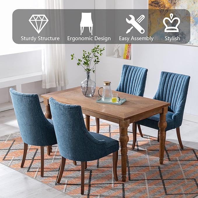 mikibama Linen Dining Chairs Set of 2 Channel Tufted Kitchen Dinner Chair Comfy Fabric Upholstered Accent Chair for Dining Room with Solid Wood Legs (Blue)