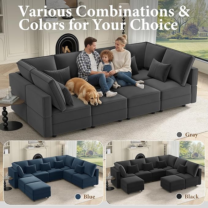 Vesgantti Sectional Sleeper Sofas with Storage, 118" Sofa Bed with 8 Seats Storage Chaises Removeble Cover, Deep Seat Modular Couches Velvet Couch Set for Living Room, Apartment, Home Theatre, Gray