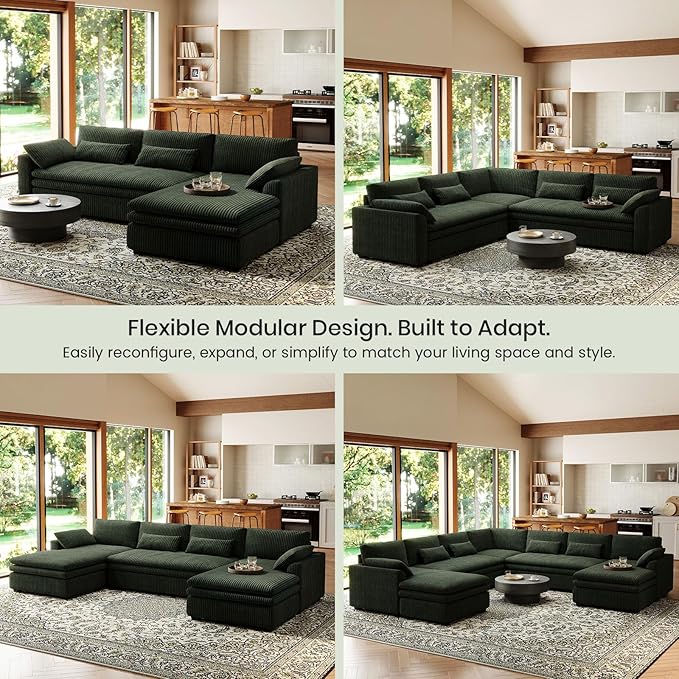 Belffin Large Modular Sectional Sofa with Deep Chaise, Corduroy U Shaped Couch with 9" Soft Dual-Layer 7 Seats Cushion for Living Room, Apartment, Green