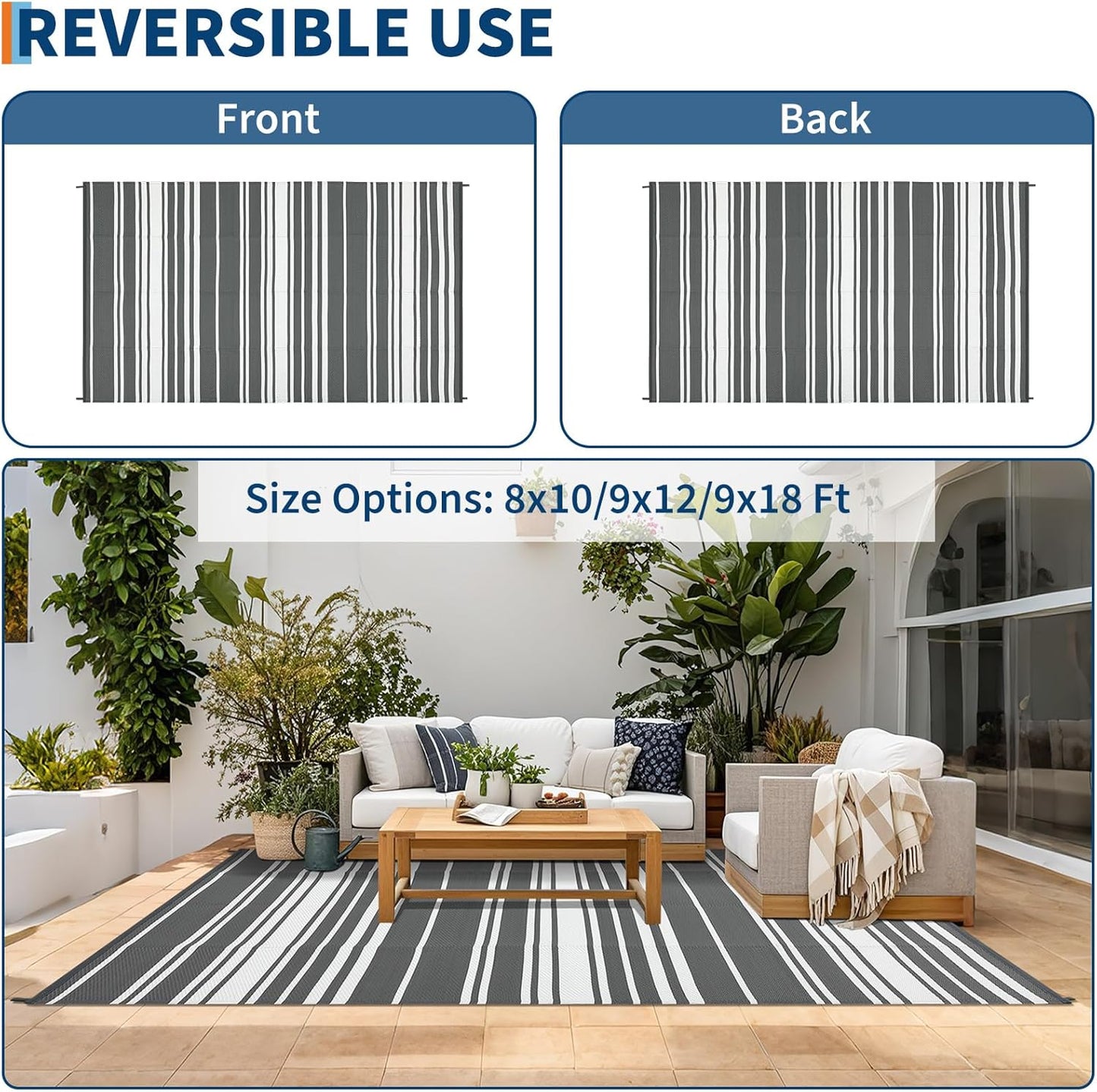 Outdoor Plastic Straw Rug 9x18 Waterproof Outside Rug, Large Modern Striped Reversible Floor Mats, Foldable & Lightweight Camping Carpet for Patio, Porch, Deck, Backyard, Balcony, Grey